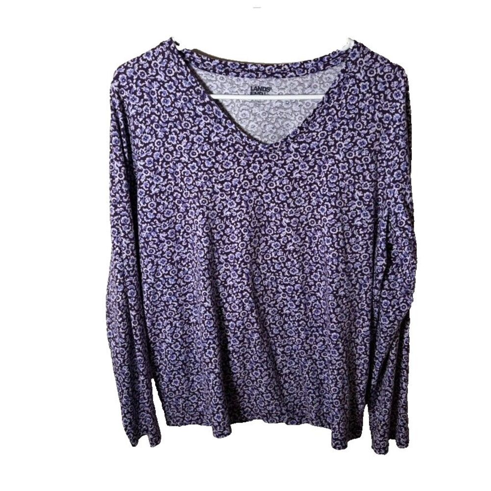 Lands' End T-Shirt Women's Medium V-Neck Long Sleeve Colorful Printed Top